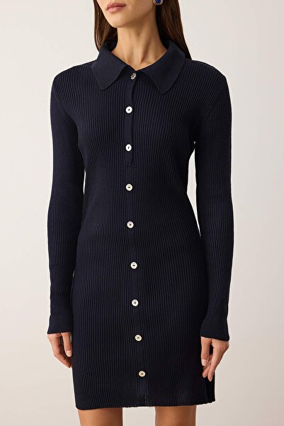 Trendyol Collection Navy Blue Plain Short / Mini Polo Neck Fitted/Bodycon A-Line Knitwear Dress Twoaw26El00154