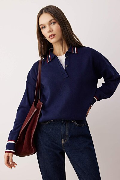 Trendyol Collection Navy Blue Color Block Polo Neck Sweater Twoaw26Kz00238