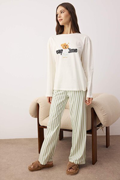 Trendyol Collection Mint 100% Cotton Striped Teddy Bear Knitted Pajama Set Thmaw25Pt00171