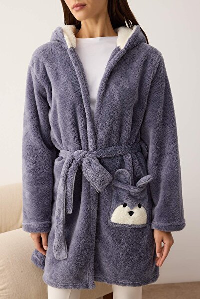 Trendyol Collection Wellsoft γκρι πλεκτή ρόμπα - με ζώνη και τσέπες, φιγούρες ζώων THMAW21SB0011
