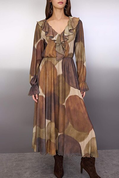 Trendyol Collection Multi-Colored Printed Foam Ruffle Detail Maxi Stretchy Knitted Dress Twoaw26El00249