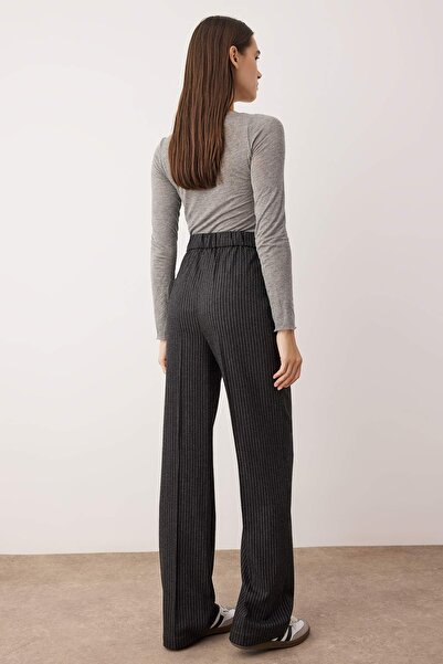 Trendyol Collection Anthracite Winter Buttoned Striped Wide Leg/Wide Leg Back Elastic Fabric Pants Twoaw26Pl00088