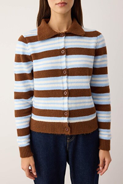 Trendyol Collection Wardrobe Essentials Brown*001 Polo Neck Striped Knitwear Cardigan |   Twoaw26Hi00104