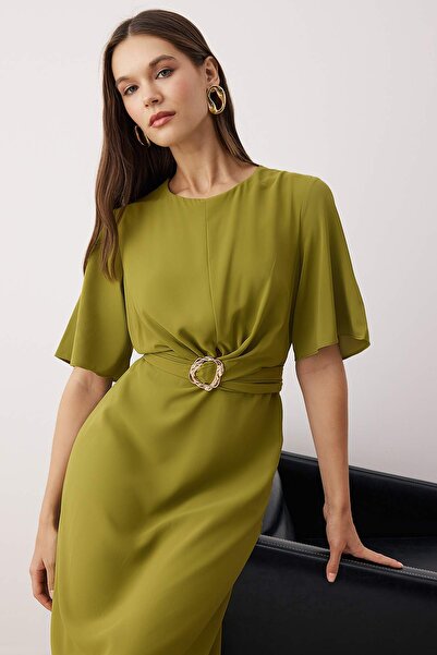 Trendyol Collection Oil Green Midi Woven Dress with Flat Accessory Detail Twoaw26El00067
