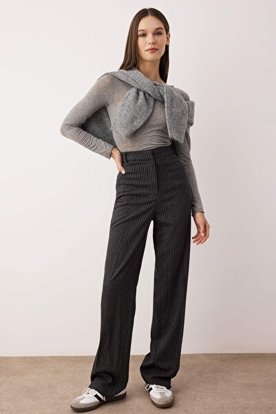 Trendyol Collection Anthracite Winter Buttoned Striped Wide Leg/Wide Leg Back Elastic Fabric Pants Twoaw26Pl00088