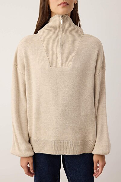 Trendyol Collection Stone Wide Fit Zippered Knitwear Sweater Twoaw26Kz00109