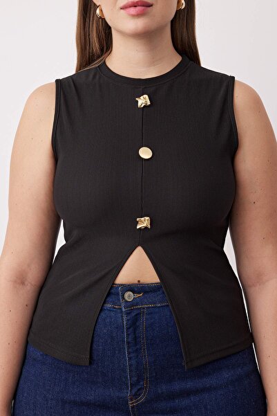 Trendyol Curve Μαύρο αξεσουάρ με κουμπιά Crew λαιμόκοψη Κανονικό γιλέκο πλεκτή μπλούζα TBBSS25AF00121