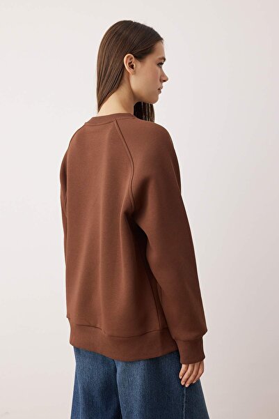 Trendyol Collection Light Brown Slogan Embroidered Raglan Sleeve Oversize/Wide Fit Knitted Sweatshirt Twoaw26Sw00174