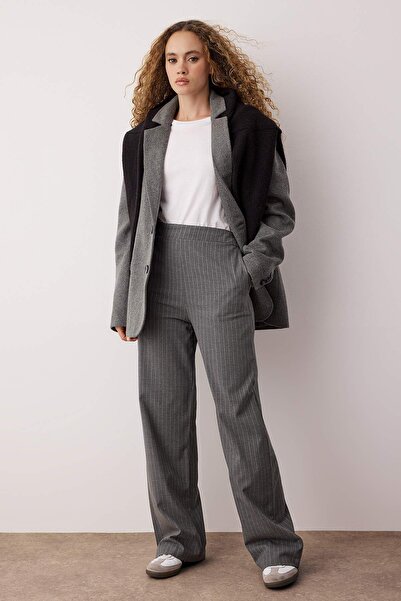 Trendyol Collection Anthracite Elastic Waist Striped Wide Leg Trousers Twoaw26Pl00131