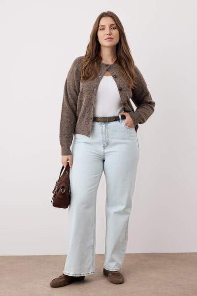 Trendyol Curve Ice Blue Ψηλόμεσο Τζιν με φαρδύ πόδι Plus Size TBBSS24CJ00028