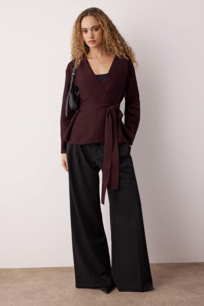 Trendyol Collection Burgundy Double-Breasted Lace-Up Detailed Knitwear Cardigan Twoaw26Hi00241