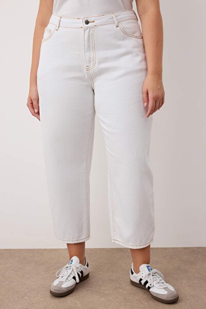 Trendyol Curve Blugi largi albi cu talie înaltă, mărime mare TBBAW26CJ00046