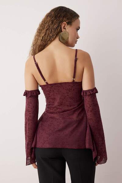 Trendyol Collection Μπλούζα πάρτι με δαντέλα Boho με λεπτομέρεια με κορδόνια με μοτίβο λουλουδιών δαμάσκηνου TPRAW26BZ00035