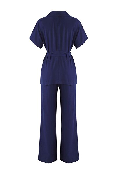 Trendyol Collection Navy Blue Belted Shirt and Wide Leg Pants Woven Bottom - Top Set Twoaw26Au00103