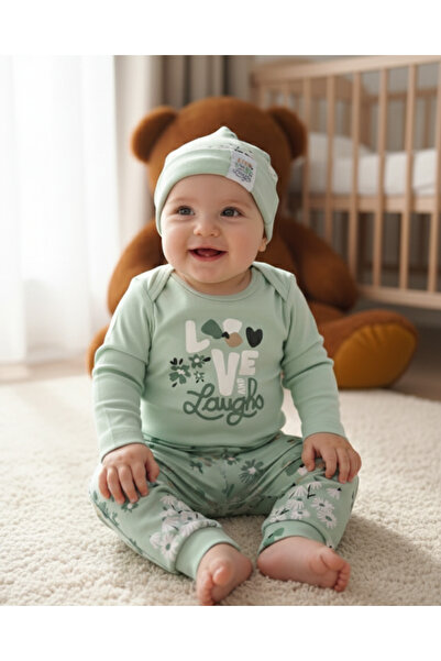 Miniworld Erkek-Kız Bebek Omuz Genişletmeli Çıtçıtlı Body Pijama Bere Takımı, %100 Pamuk , Modern Tasarım