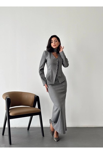 Nesil Striped Padded Lined Jacket with Neck Accessory and Skirt Women's Special Occasion Casual Two-Piece Set