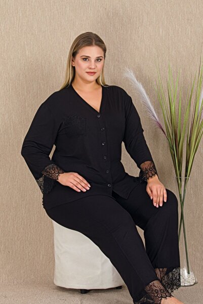 tarzımsüper Plus Size Premium Comfort Series Cotton Soft Texture Front Button Lace Luxury Pajamas Set