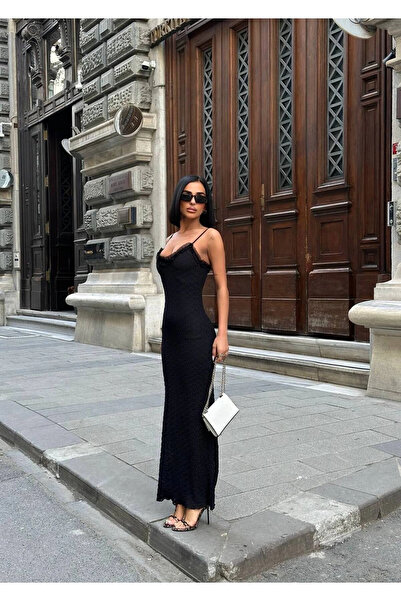 VİSKALİ Textura Askılı Dantel Güpürlü Maxi Elbise