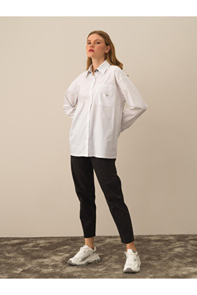 Xint Kadın Kbeyaz Pamuklu Oversize Gömlek