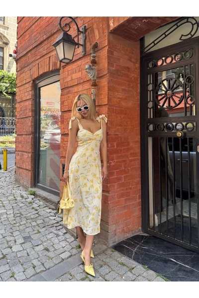 VİSKALİ Çiçek Desenli Astarlı Omuz Bağlamalı Sarı Büzgü Detaylı Elbise