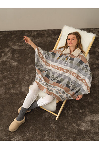 Xint Kadın Gri Kürklü Regular Fit Panço