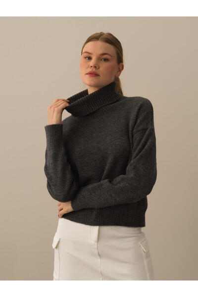 Xint Kadın Koyu Gri Lüks Pamuk Dokulu Oversize Kazak