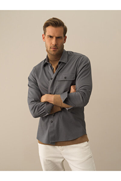 Xint Erkek Koyu Gri Pamuk Dokulu Regular Fit Gömlek