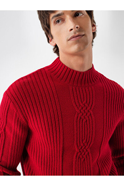 Xint Erkek Kırmızı Yünlü Yarım Balıkçı Yaka Kazak
