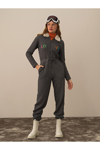 Xint Kadın Gri Yakası Kürklü Regular Fit Tulum