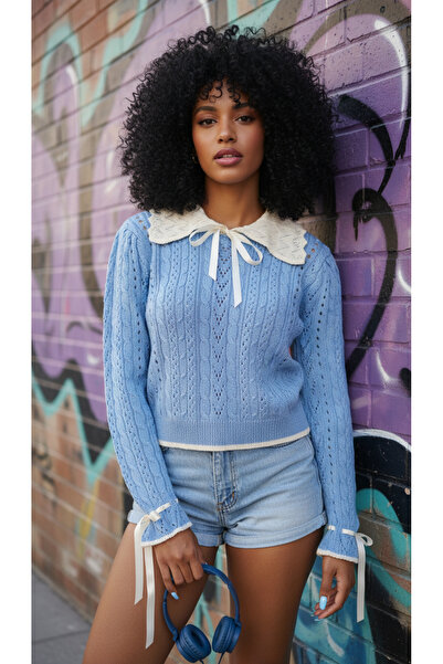 NİLZA Дитячий комір з бантиком, деталізований, модний трикотажний светр