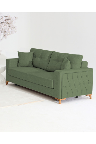 Velura Home & Living Nola Üçlü Kanepe & Bazalı Yataklı Koltuk - Keten Yeşil