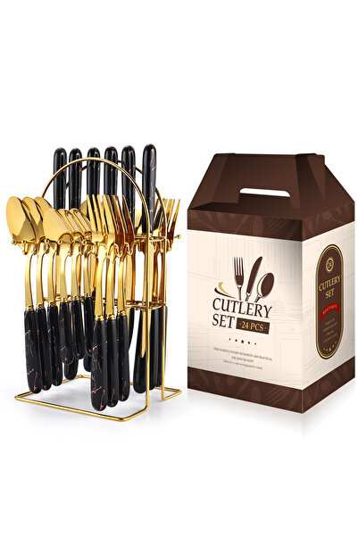 Trendy's Set tacamuri din inox 24 piese, cu suport, TRENDY’S, negru gold