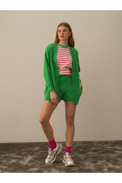 Xint Kadın Yeşil Lüks Pamuk Dokulu Oversize Hırka