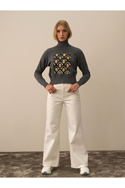 Xint Kadın Koyu Gri Pamuk Dokulu Oversize Kazak