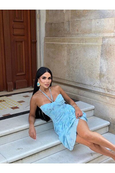 VİSKALİ Kadın Çiçek Desenli Büstiyer Detaylı Halter Mini Elbise