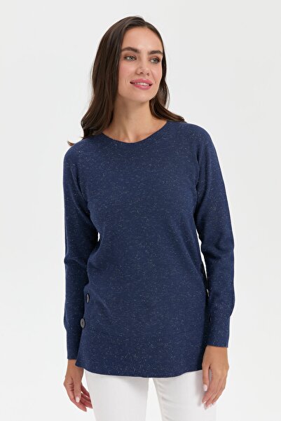 Desen Triko Navy Blue Glitter Seamless Blouse - Crew Neck and Buttoned Sides