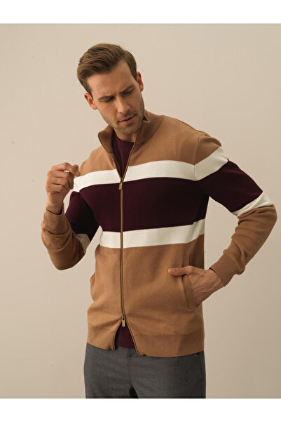 Xint Erkek Camel Regular Fit Çizgili Hırka