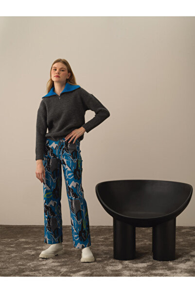 Xint Kadın Mavi Regular Fit Pano Baskı Pantolon
