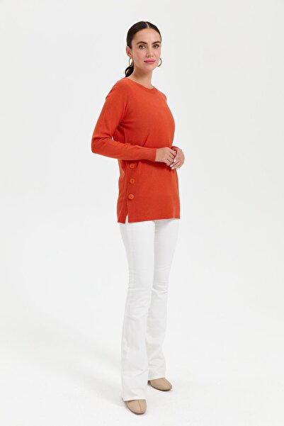 Desen Triko Zero Collar and Button Glitter Seamless Blouse - Women's Orange
