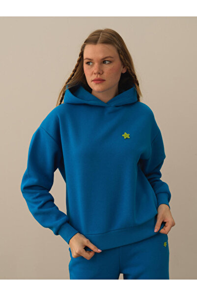 Xint Kadın Mavi Pamuk Dokulu Oversize Sweatshirt