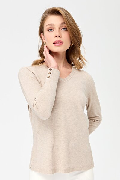 Desen Triko Women's V-Neck Sleeves Buttoned Glitter Blouse Beige