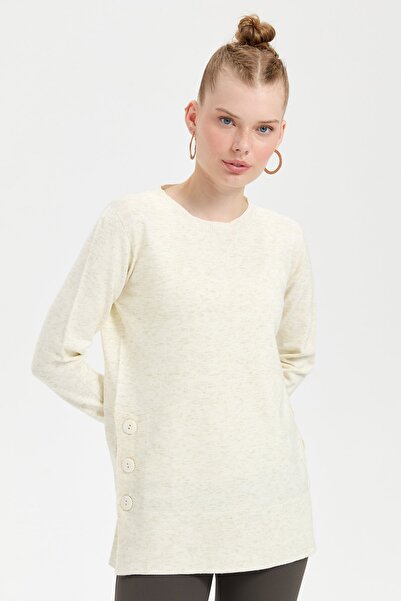 Desen Triko Glittery Buttoned Women's Zero Collar Blouse - Bone