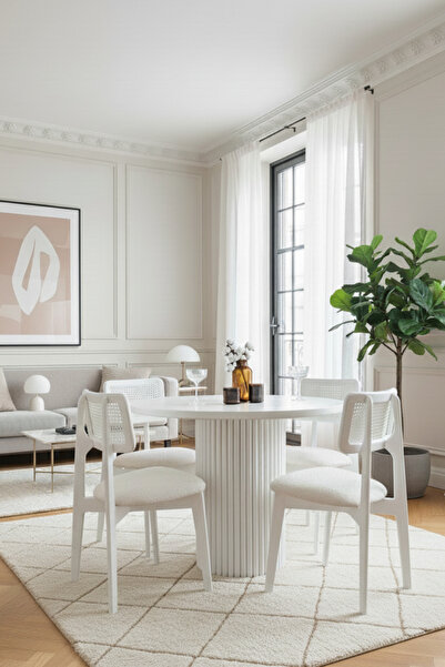 Woodenbend Mirla Lake Beyaz Hazeranlı Yuvarlak Masa Takımı 100 cm 4 Sandalyeli Modern Bohem İskandinav