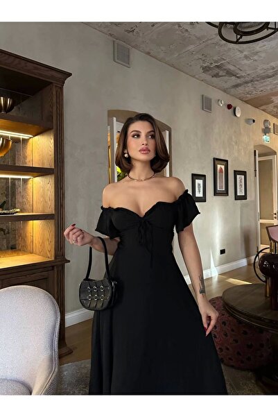 VİSKALİ Off-Shoulder Siyah Maxi Elbise
