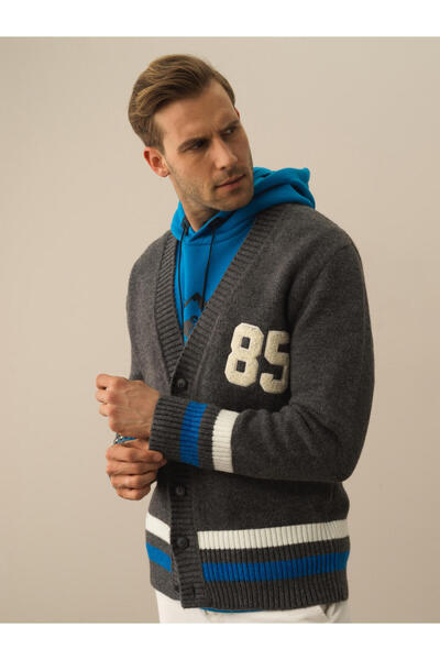 Xint Erkek Kgrimelanj Çizgi Ve Nakışlı Regular Fit Hırka