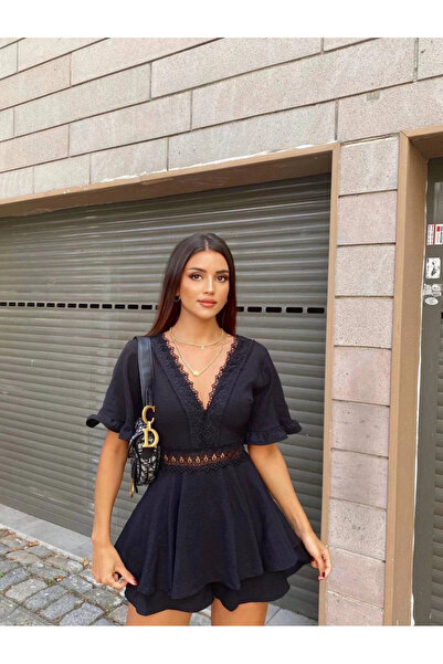 VİSKALİ Dantel Detaylı V Yaka Şort Tulum