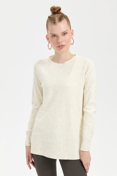 Desen Triko Glittery Buttoned Women's Zero Collar Blouse - Bone