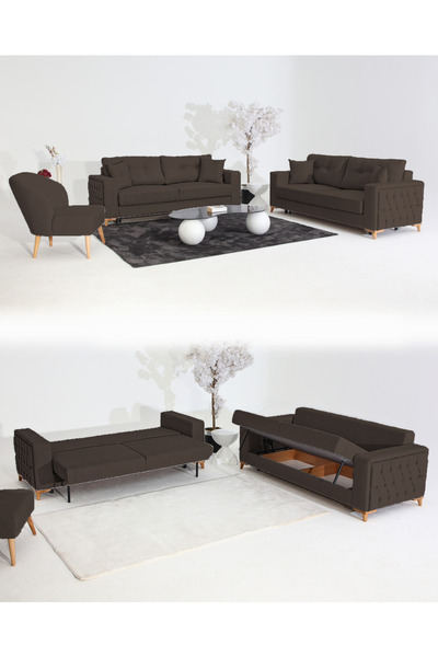 Velura Home & Living Nola Koltuk Takımı 3+3+1 & Bazalı Yataklı Koltuk & Kanep...