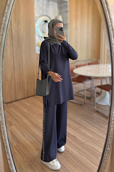 Ka Hijab Stone Detailed Mercerized Suit - Smoked