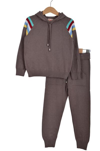 Minora Knitwear Unisex Hooded Stripe Detailed Set Brown